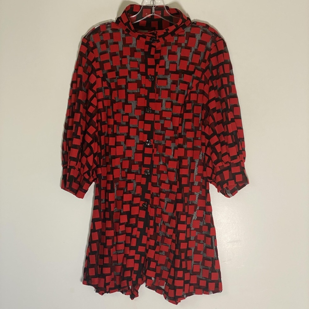 IC By Connie K Blouse Womens Medium Red Geometric Sheer Mesh Button Tunic Top
